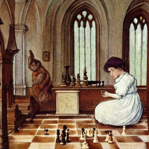 Image similar to a young edwardian woman playing chess against a rabbit inside a church in the style of Carl Larsson