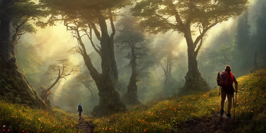Image similar to a hiker with backpack hikes through a fantasy giant mushroom forest, first light, mountains, meadow, wildflowers, heard of elk, clouds, dramatic lighting, sunrise, by greg rutkowski and jeffrey smith, trending on artstation