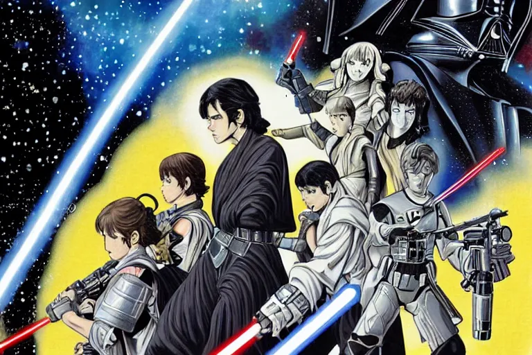 Prompt: star wars illustration in the style of yoshitaka amano, 1 9 7 7 anime, 4 k, remastered, high resolution, 2. 3 5 : 1 ratio