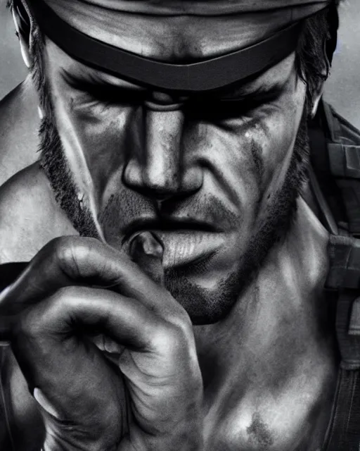 Prompt: solid snake portrait, cinematic lighting, anguished crying screaming yelling, mouth open, black atmospheric background, 4 k photography hdr