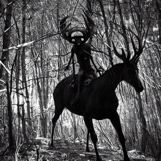 Image similar to alien riding on the back of a deer, grainy trail cam, black and white