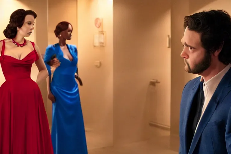 Image similar to full body film still of a man longingly looking at a distant woman in a red dress as a woman in a blue dress looks disgusted at the man in the new romance comedy movie, dramatic angle, dramatic lighting