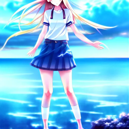 Image similar to a very beautiful anime cute girl, full body, long wavy blond hair, sky blue eyes, full round face, short smile, fancy top, miniskirt, front view, summer lake setting, storm weather, cinematic lightning, medium shot, mid-shot, highly detailed, cinematic wallpaper by Stanley Artgerm Lau