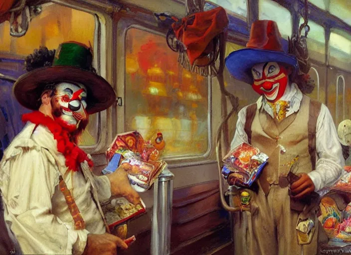 Image similar to a clown selling goodies on the train, highly detailed painting by gaston bussiere, craig mullins, j. c. leyendecker 8 k