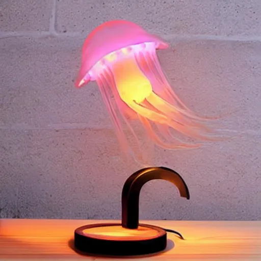 Image similar to a modern desk lamp shaped like a jellyfish. glowing, cool illumination,