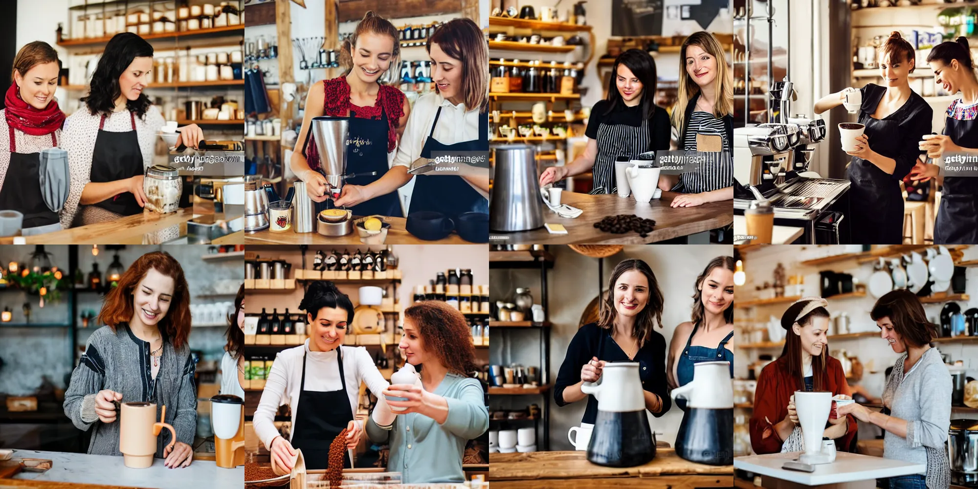 Prompt: two women creating a coffee in a shop, Ukraine. professional photo