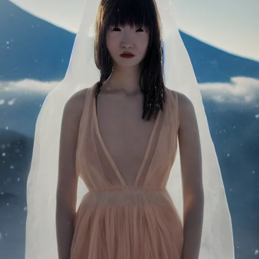 Image similar to a instax photo of fuji mountain, a tall japanese girl in a transparent sheer fabric dress against the background of fuji mountain, severe snow, full body shot, perfect symmetrical body, perfect symmetrical face, coherent symmetrical eyes, by peter kemp, by monia merlo, hyperrealistic, hyperdetailed, octane render, 8 k