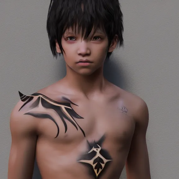 Prompt: 3 d render of a cute young tribal anime boy in a loincloth, body paint, white skin, lithe, fantasy artwork, fluffy hair, award winning, hyper detailed, very very very beautiful, studio lighting, artstation, unreal engine, unreal 5, 4 k, octane renderer