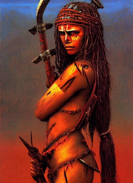 Prompt: barbarian warrior girl in tribal painting by Beksinski