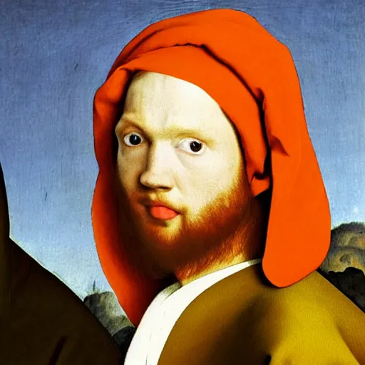 Image similar to Masterpiece Portrait of carrot top, dressed thobe, Ghutra and Egal, style of Johannes Vermeer