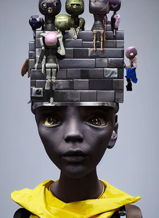 Prompt: professional art magazine photograph of a contemporary art sculpture of a modular quirky yorha android, by hikari shimoda, by jack gaughan