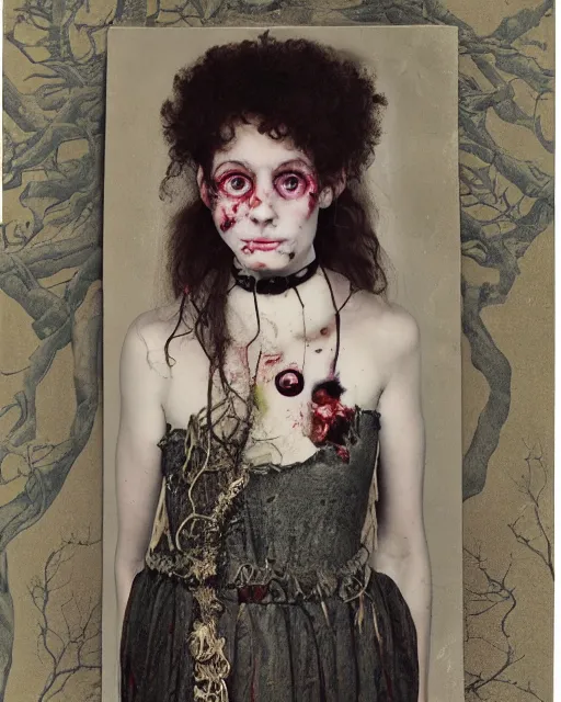 Image similar to an instant photo of beautiful but creepy, doorstep siblings in layers of fear, with haunted eyes and curly hair, wearing a vivienne westwood choker, 1 9 7 0 s, seventies, wallpaper, woodland, a little blood, moonlight showing injuries, delicate embellishments, painterly, offset printing technique, by mary jane ansell