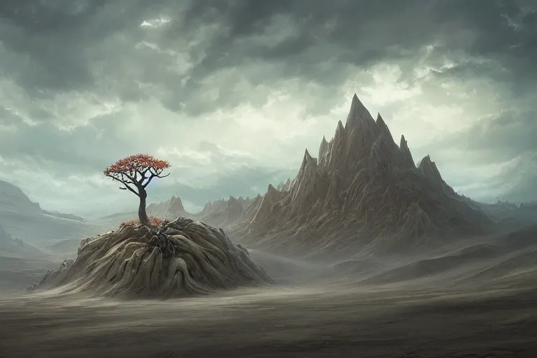 Image similar to cinematic fantasy landscape painting by jessica rossier, primordial and cosmic, desert valley of bones, an autumn maple bonsai growing alone, on a desolate sand dune surrounded by storm tossed waves hr giger