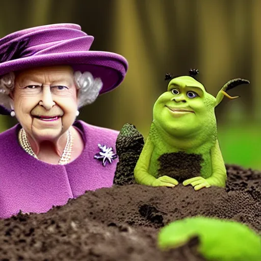 Prompt: queen elizabeth taking a mud bath in shreks swamp, professional photograph, highly detailed,