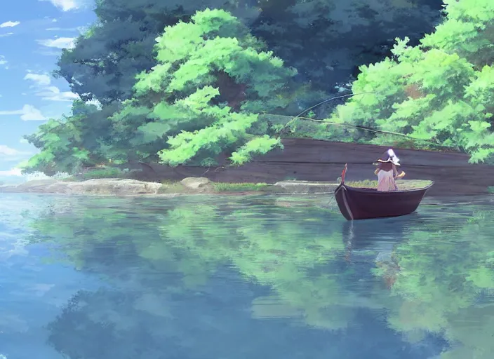 Image similar to a girl fishing on a wooden boat in a river, peaceful and serene, incredible perspective, anime scenery by Makoto Shinkai