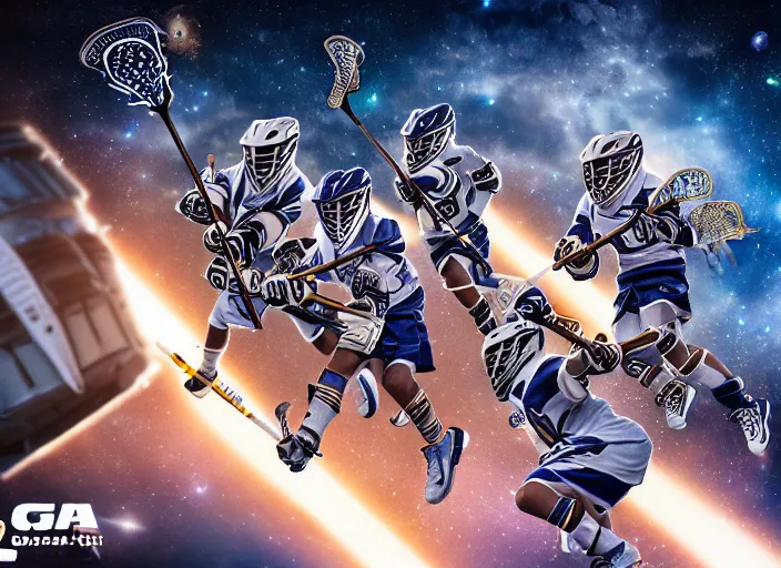 Image similar to photo of the lacrosse team, playing intergalactic championship, in space, versus chitauri, highly detailed, 8k, intricate, sony a7r iv 55mm, award winning.