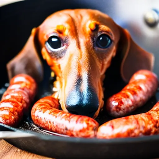 Prompt: dachshund cooking some sausages on a pan