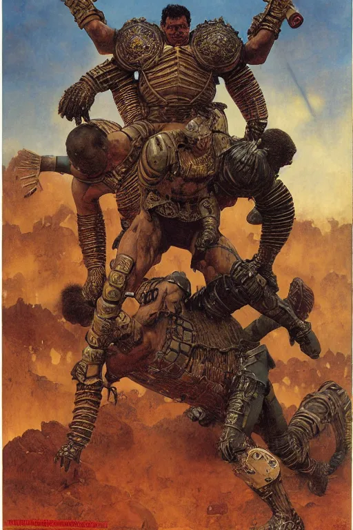 Prompt: upper body and head portrait of hulking armoured warrior kingpin by lawrence alma tadema and zdzislaw beksinski and norman rockwell and jack kirby and tom lovell and greg staples