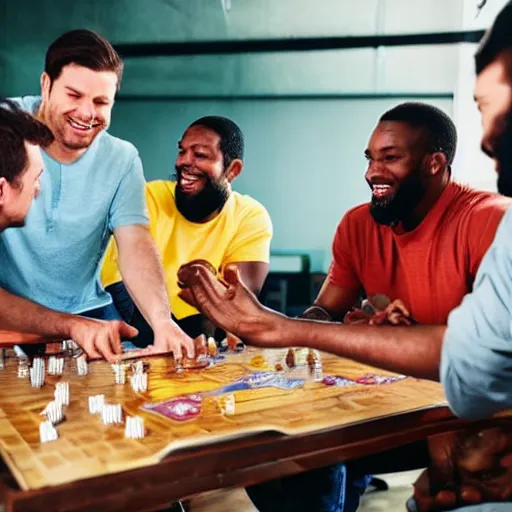 Prompt: several unkept men at a brewery, playing a board game, holding hands, hyper realistic