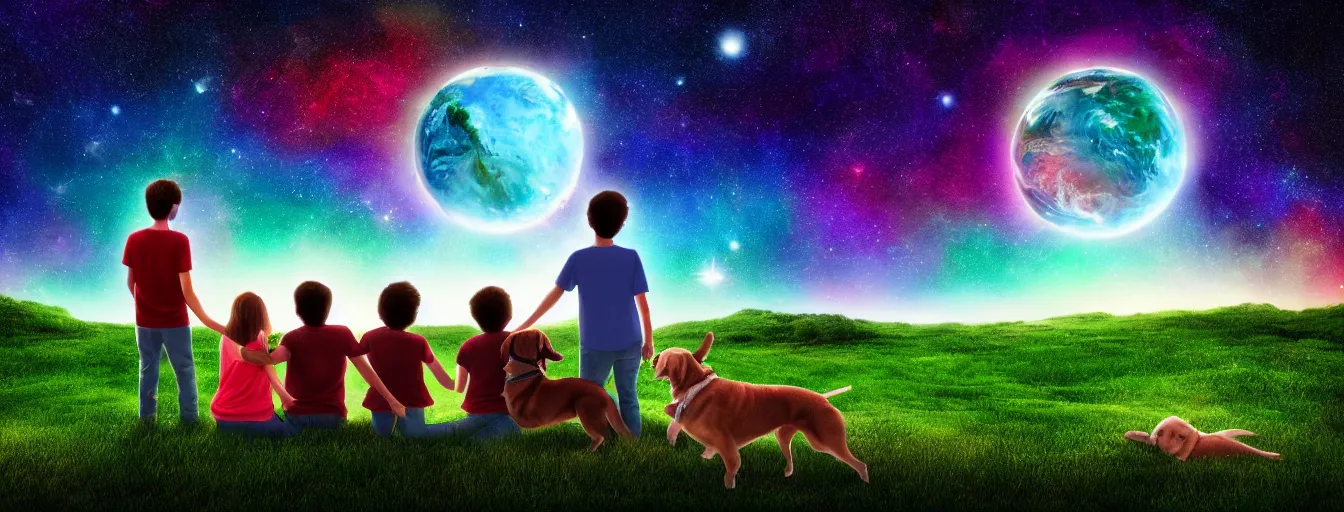 Prompt: rear view of a young couple and a kid holding hands, with a dog sitting next to them in a small green planet looking to the night sky displaying an entire colorful universe, digital art, epic, colorful, highly detailed