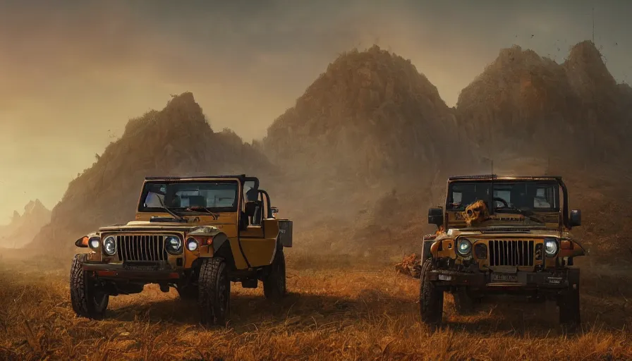 Image similar to Mahindra thar, headlights turned on, tigers and lions attacking, chasing action scene, an epic fantasy, dramatic lighting, cinematic, establishing shot, extremely high detail, photorealistic, cinematic lighting, matte painting, artstation, by simon stalenhag, horizon forbideen west