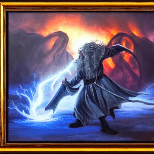 Image similar to gandalf fighting a balrog, dark atmosphere, dark cave lighting, fantasy generation, oil painting framed