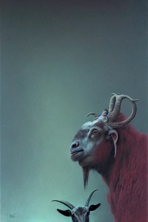 Image similar to painting of hybrid between human andy milonakis and a goat, by zdzislaw beksinski, by tiffany bozic, cold hue's, warm tone gradient background, concept art, beautiful composition, digital painting