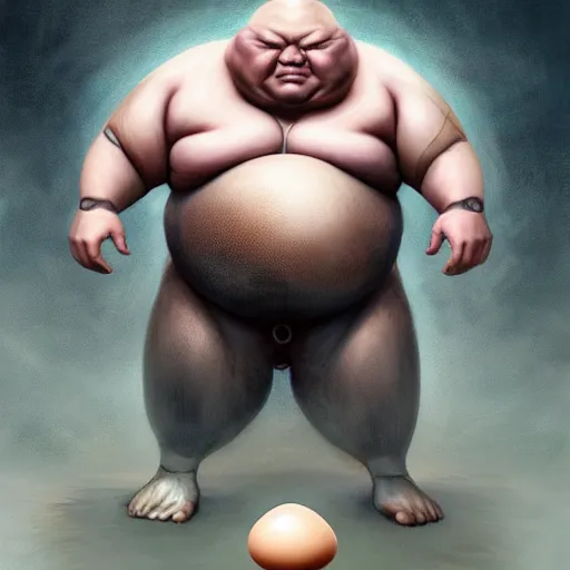 Prompt: Bald Giant Sumo beastly Samurai with an egg growing from his stomach, Digital, dark, fantasy, character, arstation by Bastien Lecouffe-Deharme, Balaskas, Christopher