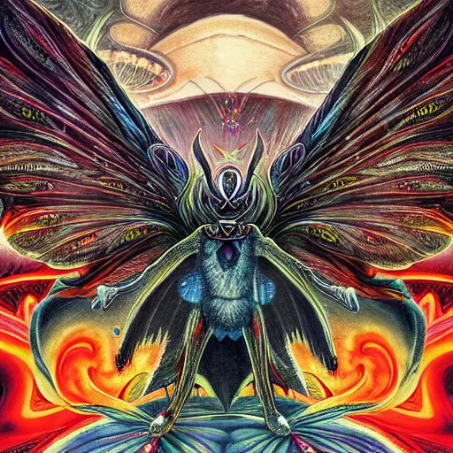 Image similar to A centered chest up portrait of a psychedelic godlike mothman with giant mandala wings smoking a hand-rolled cigarette smoking heavily , magic mushroom village in background , award winning. superb resolution. in the art style of junji Ito and greg rutkowski . Detailed Mushroom city in background. Hyper realistic anime. Perfect art. Dalle2