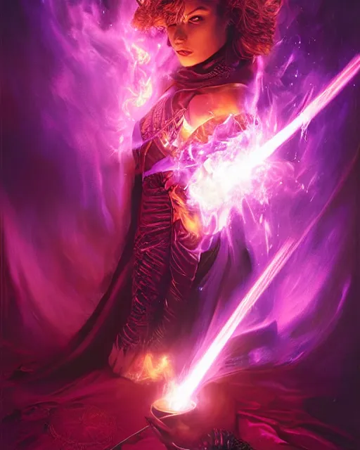 Prompt: pyromancer beauty cover in purple flames, deep pyro colors, purple laser lighting, award winning photograph, radiant flares, realism, lens flare, intricate, various refining methods, micro macro autofocus, evil realm magic painting vibes, hyperrealistic painting by michael komarck - daniel dos santos