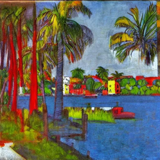 Image similar to a long river, tied bridge on local river, a lot of boat in river, 2 number house near a lot of palm trees and bougainvillea, summer, painting style of mondrian gray tree - 1 0 0 0