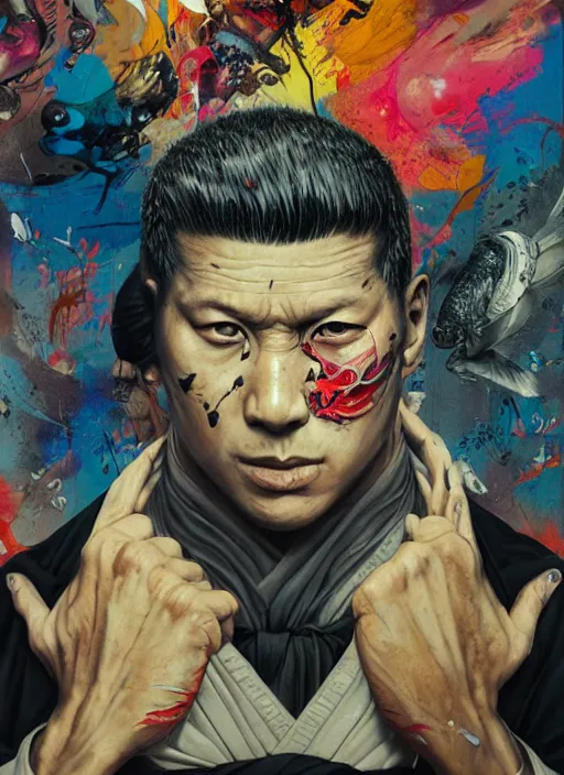 Prompt: beautiful portrait of Gojo Satoru Jujutsu Kaisen, by Tristan Eaton, Stanley Artgermm, Tom Bagshaw, Greg Rutkowski, Carne Griffiths. trending on DeviantArt, face enhance, hyper detailed, trending on Artstation, 8k, masterpiece, graffiti paint, fine detail, full of color, intricate detail, golden ratio illustration