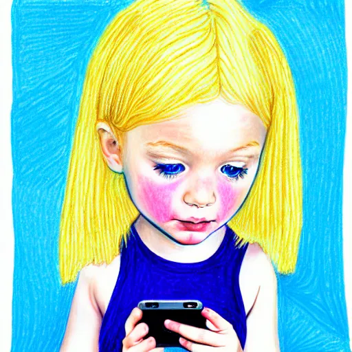 Image similar to 3 year old blonde girl with iphone, colored pencil on white background by eloise wilkin