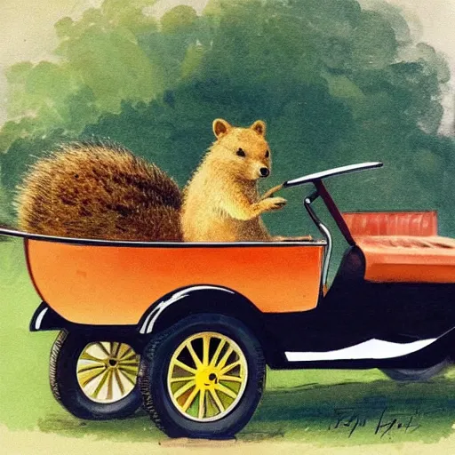 Image similar to a quokka driving a model t ford, in the style of anders zorn