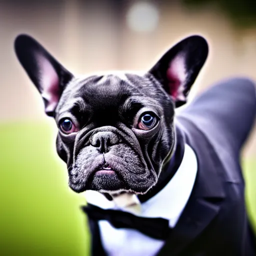 Image similar to a photo of french bulldog wearing a business suit, photorealistic, nikon d 7 8 0, high definition, sharp focus, bokeh, smooth, highly detailed, ap photography