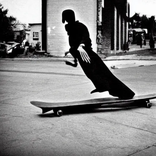 Prompt: old photo of the Grim Reaper doing a kickflip