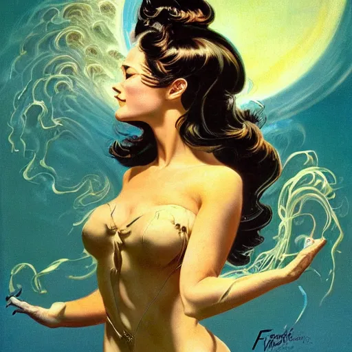 Image similar to portrait of a woman with swirling hair and fractal skin by frank frazetta, retrofuturism, psychedelic art reimagined by industrial light and magic