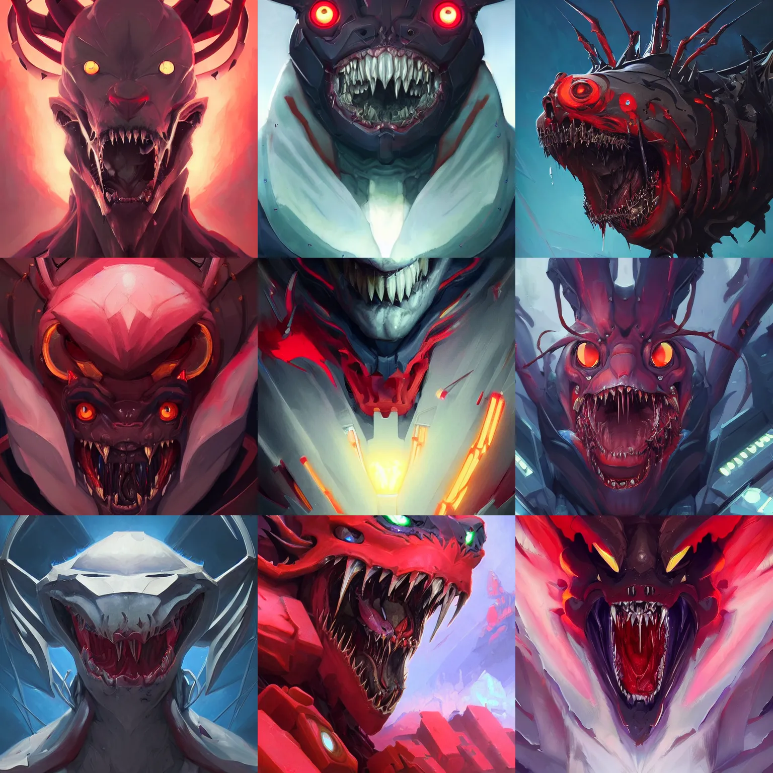 Prompt: closeup portrait of an evangelion beast mode, red eyes, sharp teeth, cyberpunk concept art by pete mohrbacher and artgerm and wlop and greg rutkowski and deathburger, digital art, highly detailed, intricate, sci-fi, sharp focus, Trending on Artstation HQ, deviantart, unreal engine 5, 4K UHD image