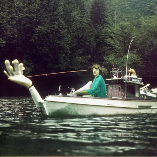 Image similar to alien is fishing on a boat in the middle of the lake, top secret style, 1 9 6 0 s, color