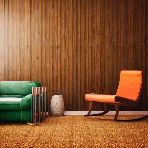 Image similar to 1 9 7 0 s interior, living room, retro, vintage, architecture, wood panel walls, green shaggy carpet, orange and brown touches, realistic, natural lighting