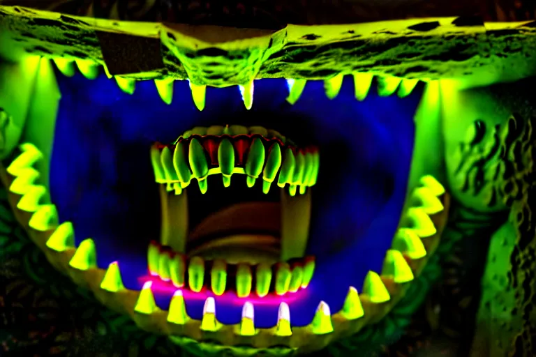 Image similar to creature infested crevice, evil, staring at you, glowing, teeth, ready to eviscerate