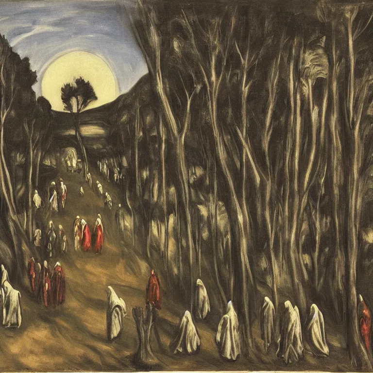 Prompt: A colour painting of a Holy Week procession of grim reapers in a lush Spanish landscape at night. A hooded figure at the front holds a cross. El Greco, Carl Gustav Carus, Edward Hopper.