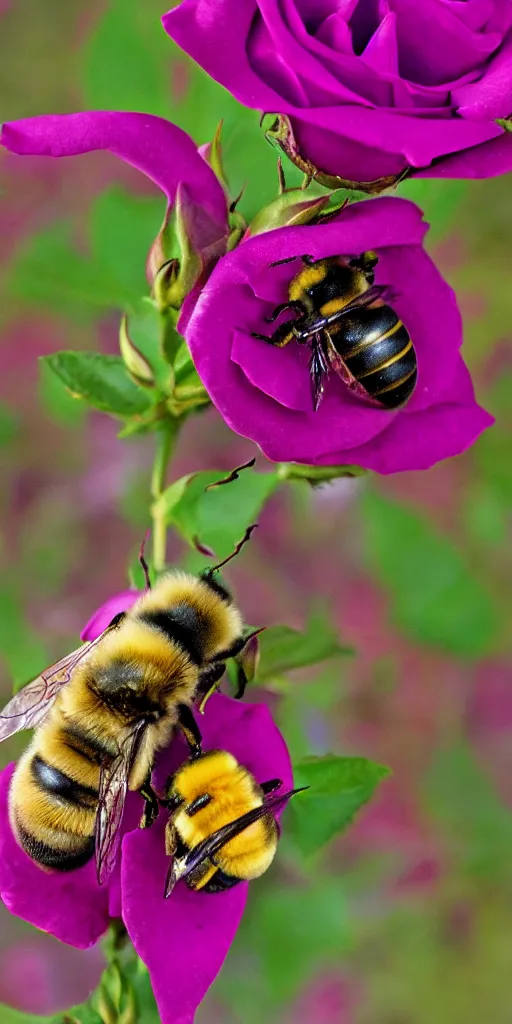 Prompt: fat bee sleeping inside a rose flower catalogue diagram scientific photography