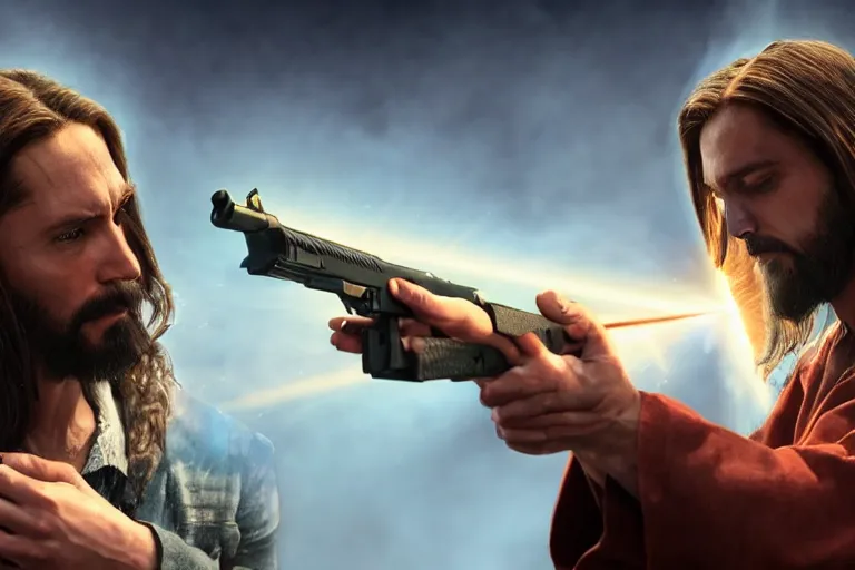 Image similar to real life photo of confident Jesus Christ holding a gun shooting the leader of Hell the Devil Hades, 8k, hyperrealistic, very detailed, clean, professional photography, epic composition, side profile, high contrast, upscaled, god rays