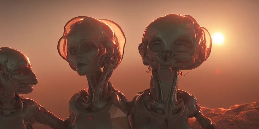 Image similar to lesbian aliens from mars sun setting, cinematic lighting, digital painting, octane render