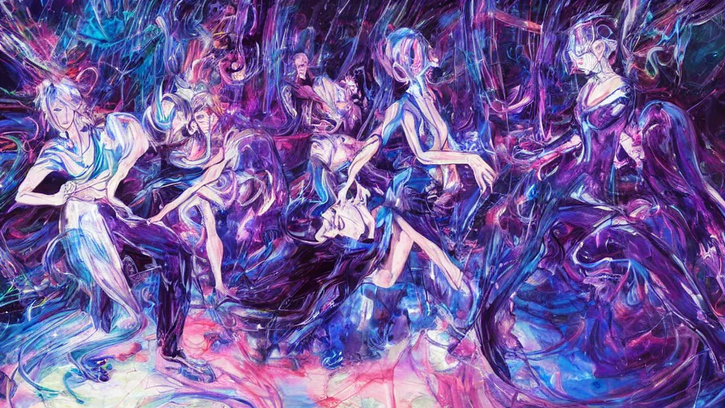 Prompt: a detailed painting of two people dressed as gen z dancing togheter in a nightclub, inspired by yoshitaka amano enveloped in trails of colorful animal ghosts floating around them. clean painting, realistic and auora lighting. dark blue and intense purple color palette, art by kuvshinov ilya, 8 k