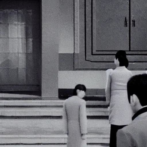 Image similar to a film still of a north korean film noir, video compression, ripple effect