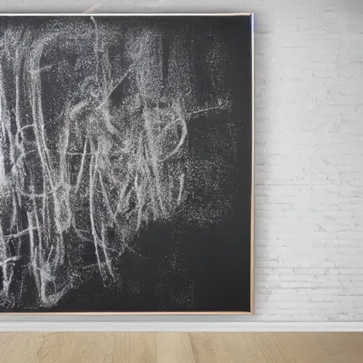 Prompt: large scale chalkboard painting by cy twombly, sparse brush strokes, high resolution art scan, well lit