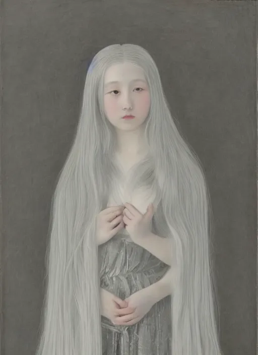 Prompt: thin young wan angel, silver hair so long, pale!, long silver hair, silver angel wings, smooth skin, wan adorable korean face, silver hair!!, style of fernand khnopff and lucien levy - dhurmer, oil on canvas, 1 8 6 2, 4 k resolution, aesthetic!,