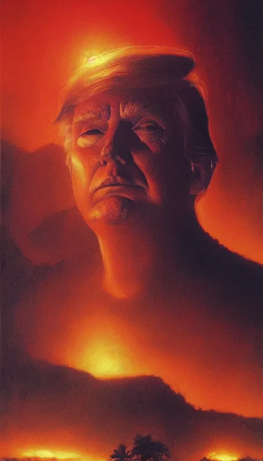 Prompt: donald trump's face close up on the apocalypse now poster, red sunset, snake river in the jungle, air brush, oil paint, radiant light, caustics, heroic, bright iridescent light, by gaston bussiere, bayard wu, greg rutkowski, maxim verehin